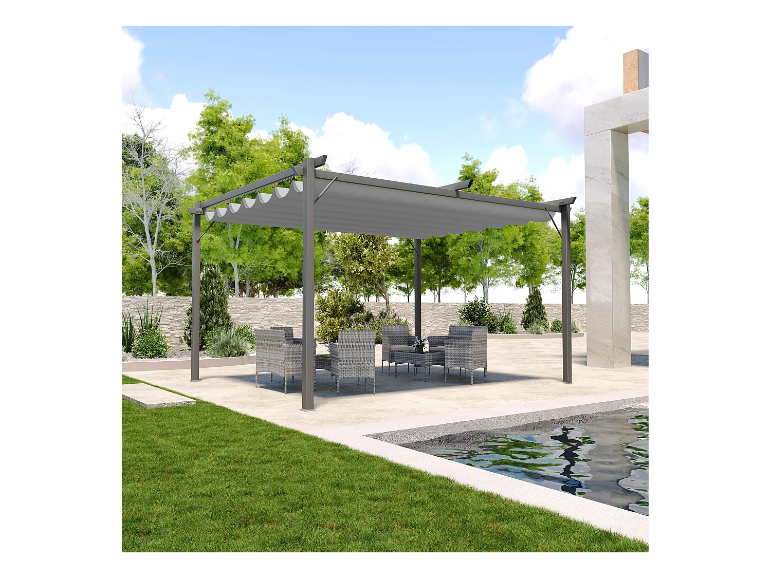Gazebo Pergola 3x4 M Pergolato Con Telo Grigio Impermeabile Retrattile Richiudibile Struttura In Acciaio Per Giardino Terrazzo Piscina Esterno Fiere