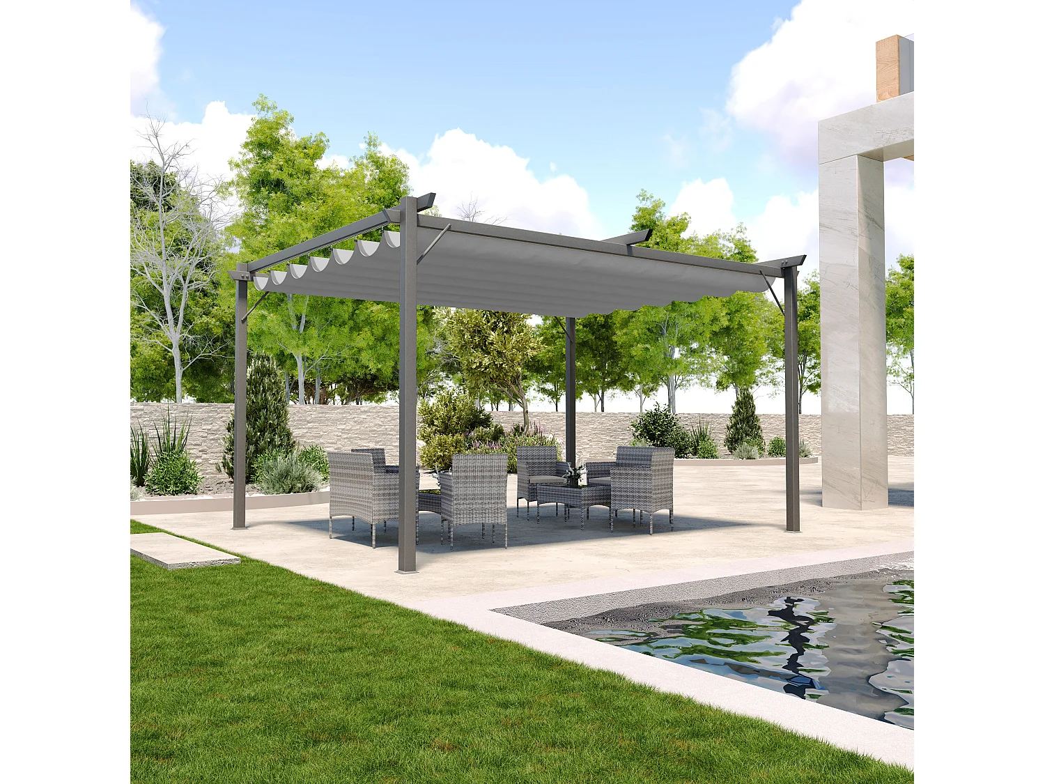 Gazebo Pergola 3x4 M Pergolato Con Telo Grigio Impermeabile Retrattile Richiudibile Struttura In Acciaio Per Giardino Terrazzo Piscina Esterno Fiere