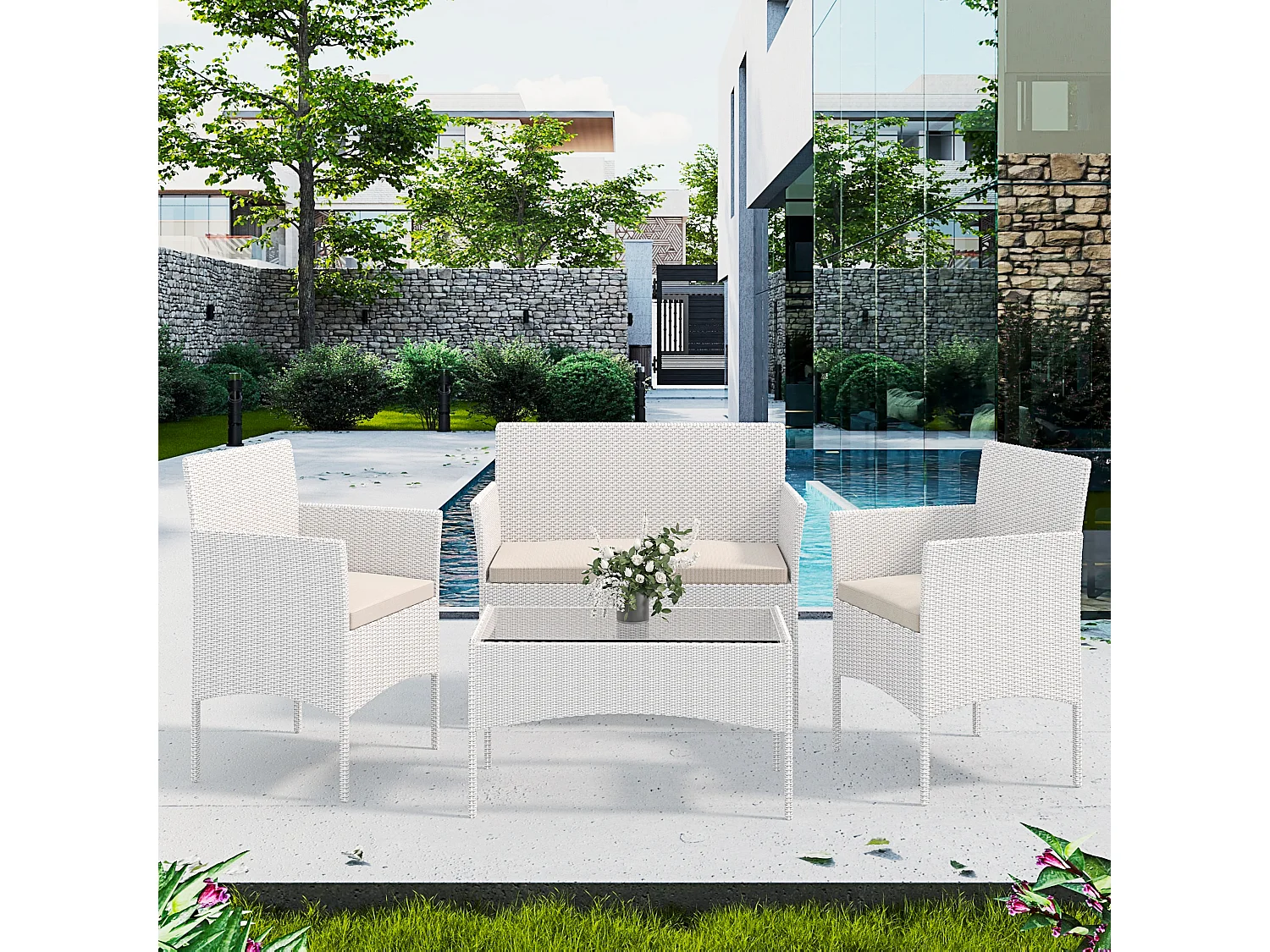 Set Di Mobili da Giardino Salotto Salottino in Rattan 4 Posti con Tavolino Ripiano In Vetro 2 Poltrone Divano 2 Posti Giardino Esterno Piscina Bianco