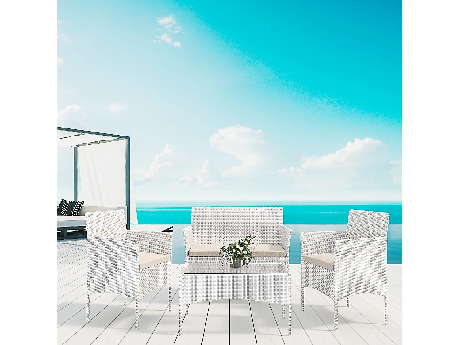 Set Di Mobili da Giardino Salotto Salottino in Rattan 4 Posti con Tavolino Ripiano In Vetro 2 Poltrone Divano 2 Posti Giardino Esterno Piscina Bianco