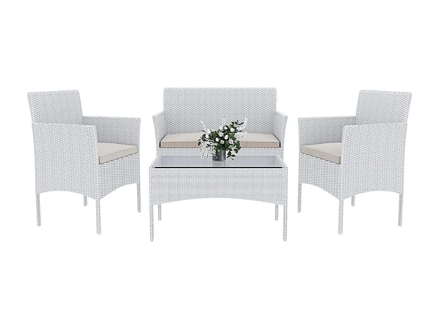 Set Di Mobili da Giardino Salotto Salottino in Rattan 4 Posti con Tavolino Ripiano In Vetro 2 Poltrone Divano 2 Posti Giardino Esterno Piscina Bianco