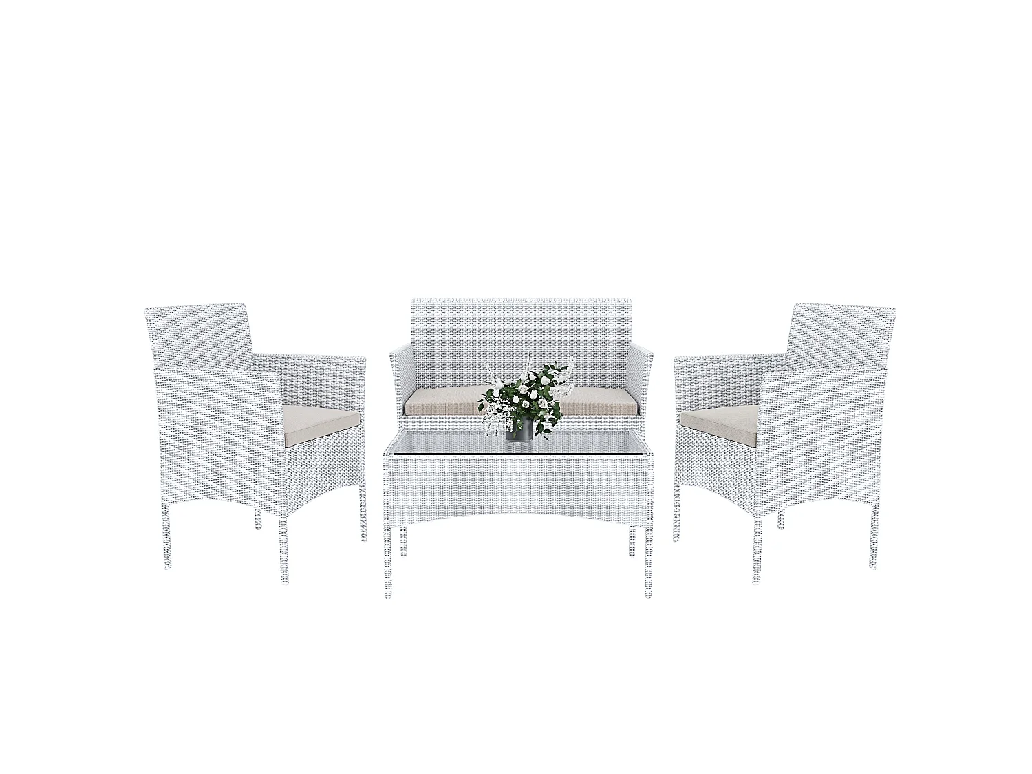 Set Di Mobili da Giardino Salotto Salottino in Rattan 4 Posti con Tavolino Ripiano In Vetro 2 Poltrone Divano 2 Posti Giardino Esterno Piscina Bianco