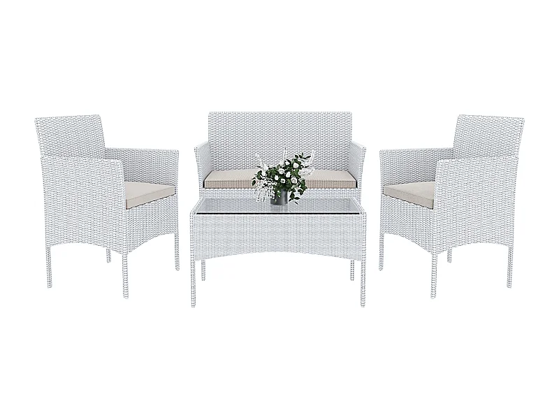 Set Di Mobili da Giardino Salotto Salottino in Rattan 4 Posti con Tavolino Ripiano In Vetro 2 Poltrone Divano 2 Posti Giardino Esterno Piscina Bianco