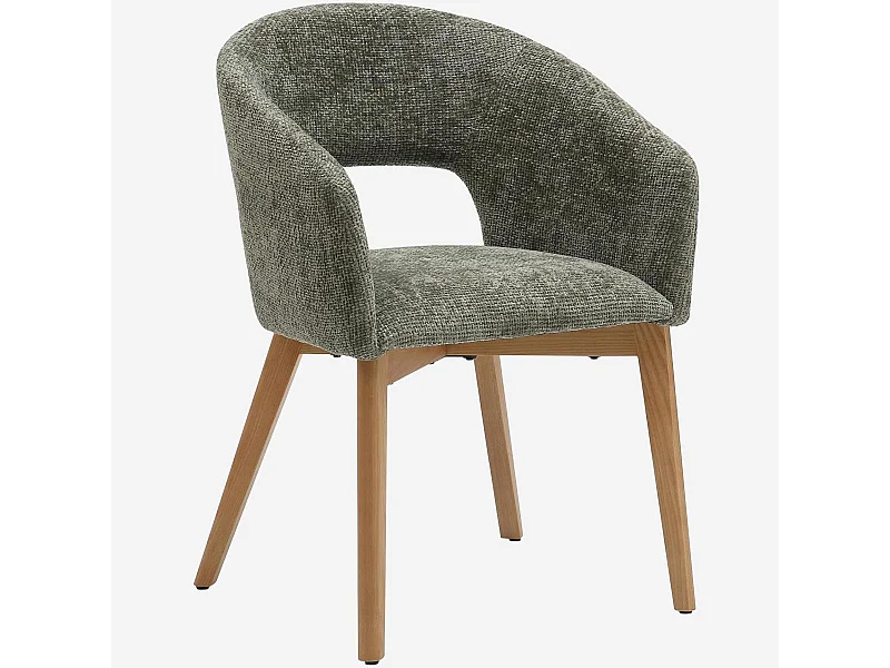 Habitat - Lot de 2 chaises en tissu chenille et bois massif avec accoudoirs - Vert et chêne - Rusti