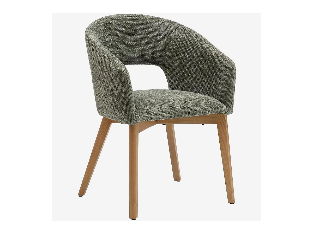 Habitat - Lot de 2 chaises en tissu chenille et bois massif avec accoudoirs - Vert et chêne - Rusti