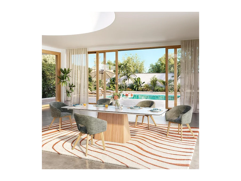 Habitat - Lot de 2 chaises en tissu chenille et bois massif avec accoudoirs - Vert et chêne - Rusti