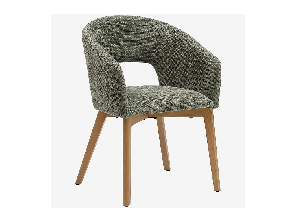 Habitat - Lot de 2 chaises en tissu chenille et bois massif avec accoudoirs - Vert et chêne - Rusti