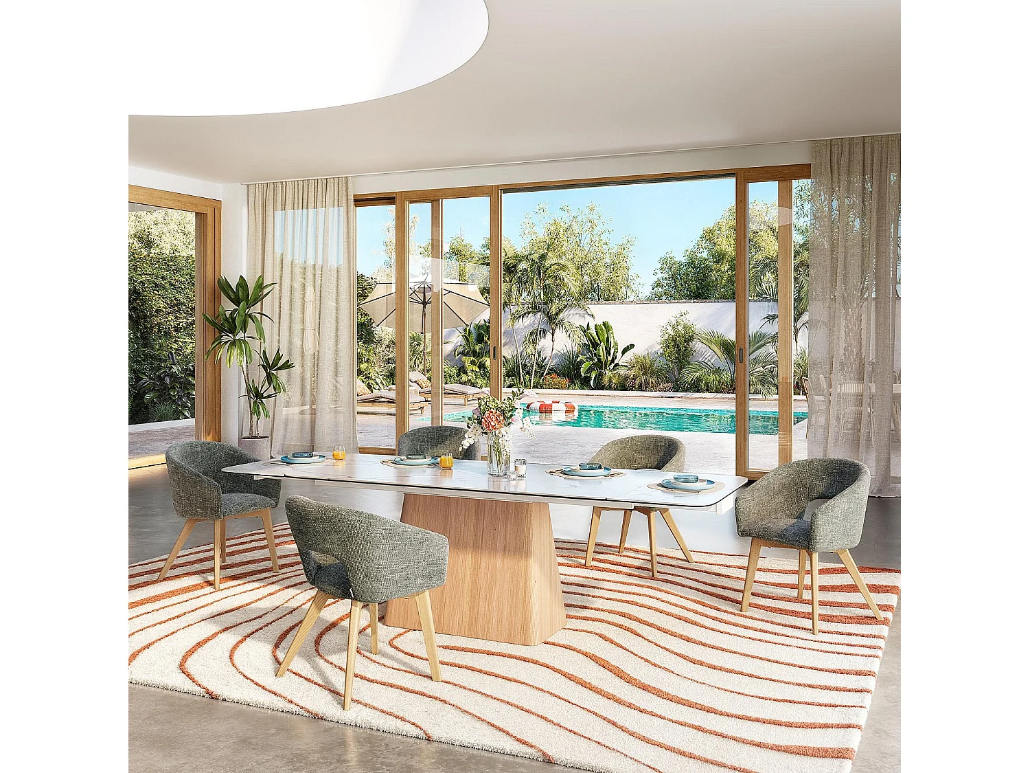 Habitat - Lot de 2 chaises en tissu chenille et bois massif avec accoudoirs - Vert et chêne - Rusti