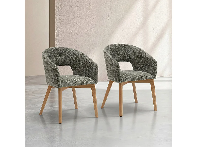 Habitat - Lot de 2 chaises en tissu chenille et bois massif avec accoudoirs - Vert et chêne - Rusti