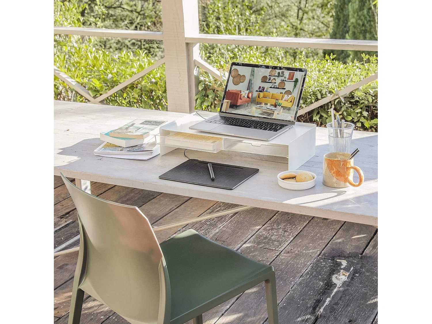 Support pour écran avec 2 tiroirs en métal - Blanc