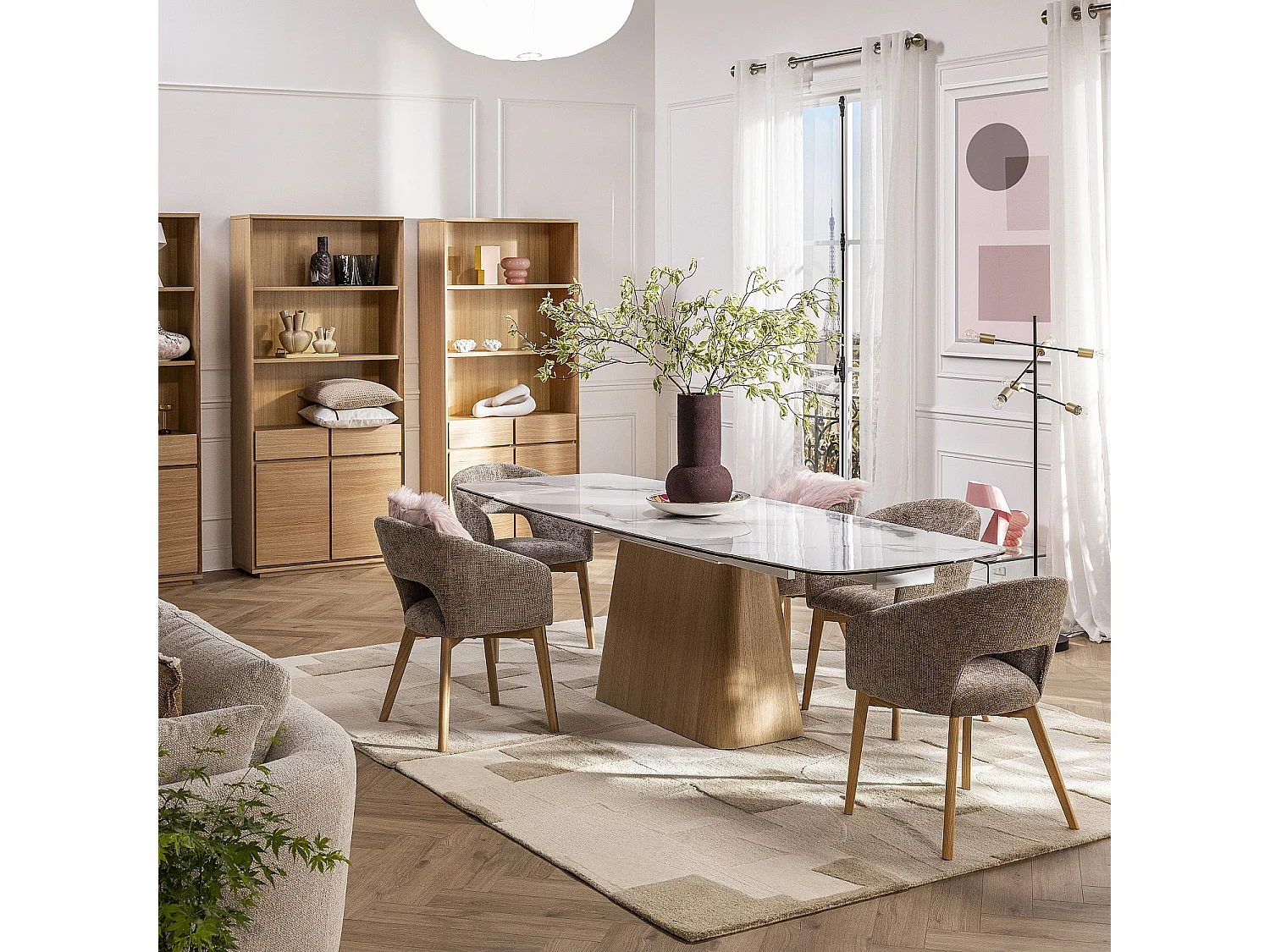 Habitat - Table rectangulaire extensible en céramique et pied finition chêne - Blanc - Linka