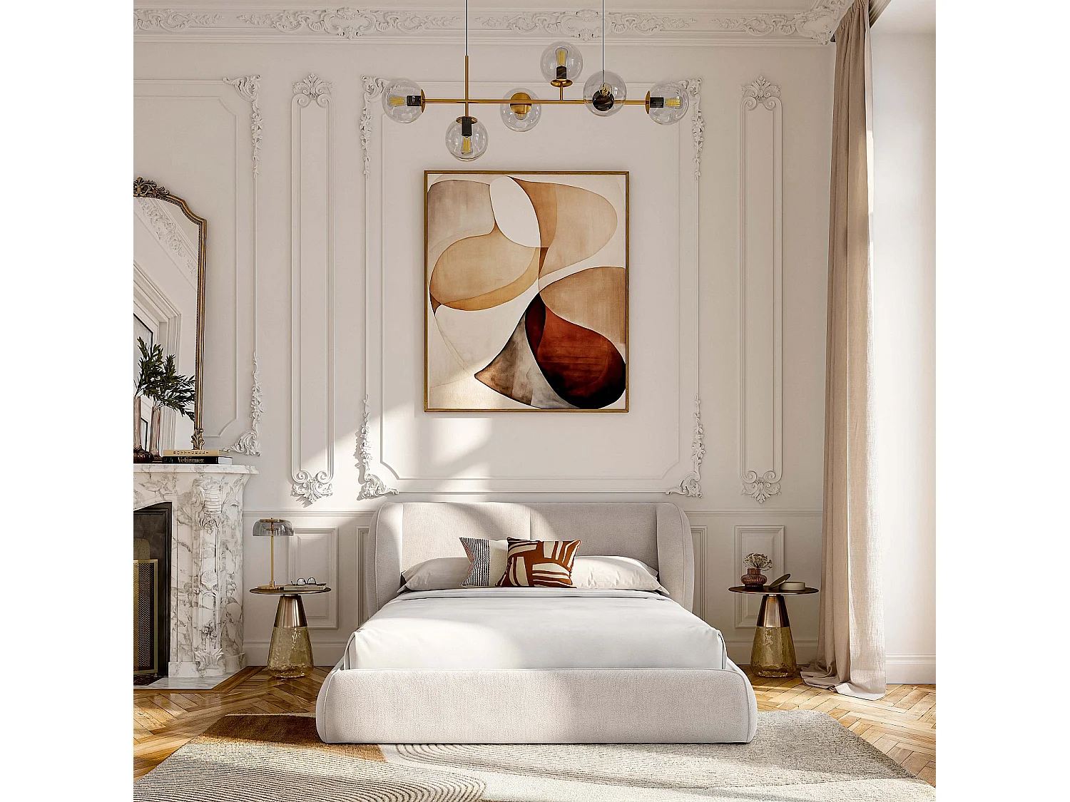 Lit coffre 160 x 200 cm en tissu bouclette courte - Beige meringue