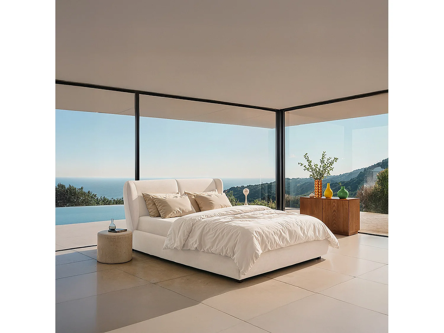 Lit coffre 160 x 200 cm en tissu bouclette courte - Beige meringue