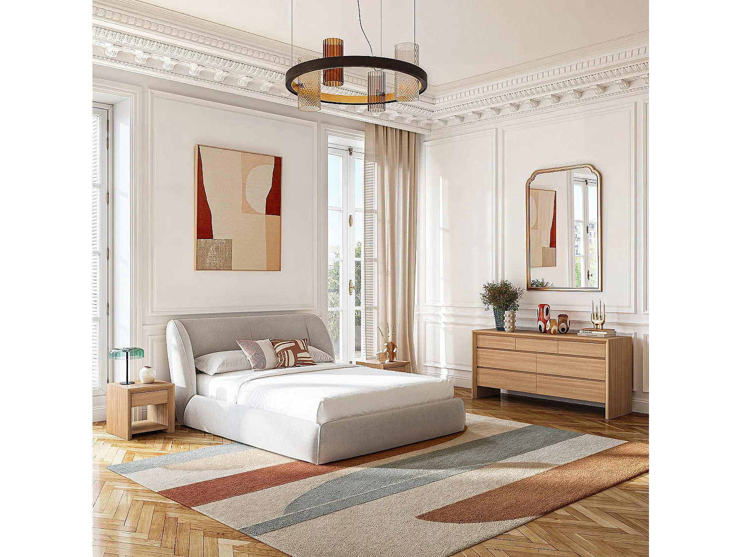 Lit coffre 160 x 200 cm en tissu bouclette courte - Beige meringue