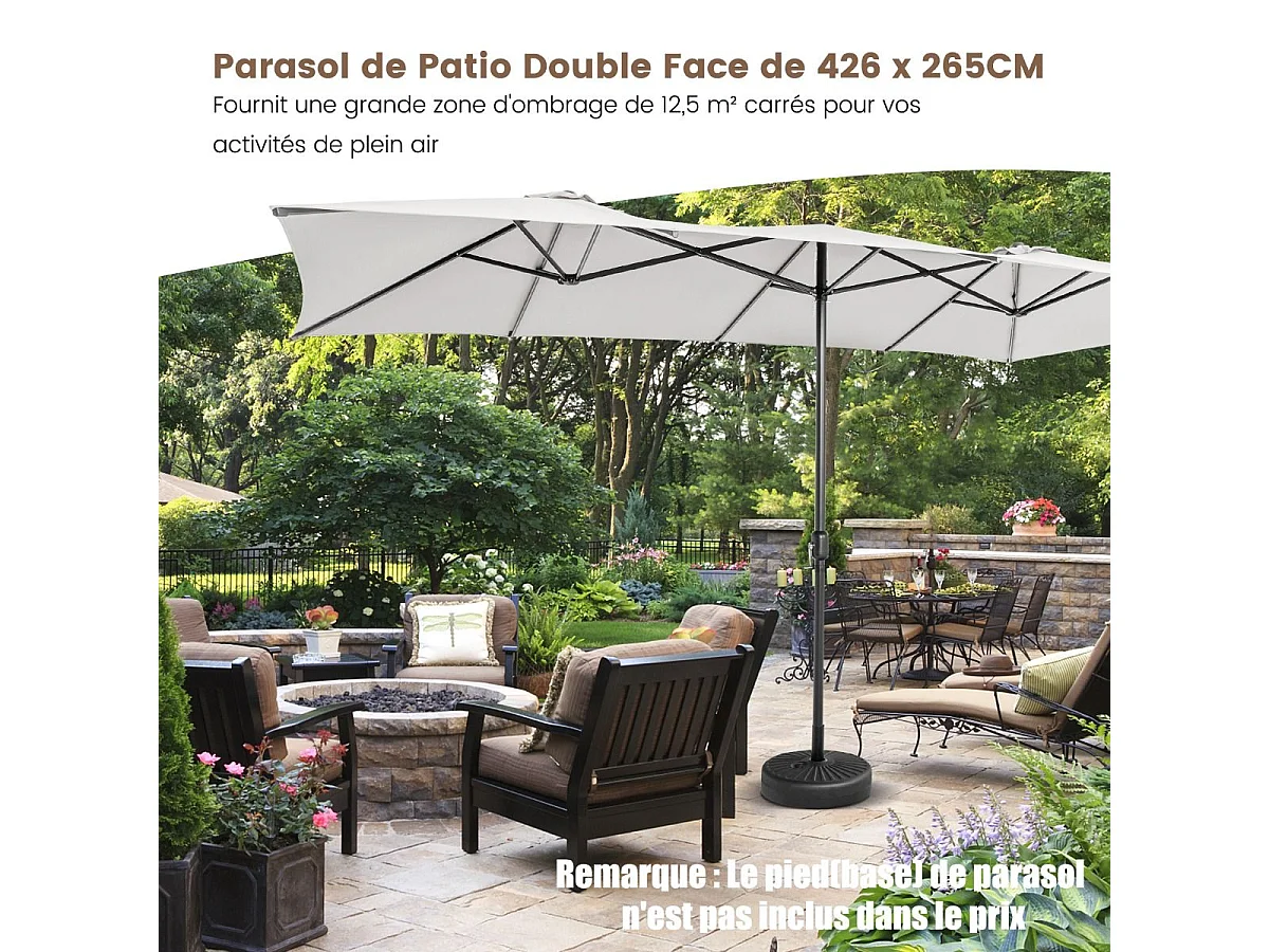 Parasol de Jardin Double XXL 426 x 265cm Poignée à Manivelle,Sommet Ventilé Polyester Structure Métallique à 10 Côtes (Beige)