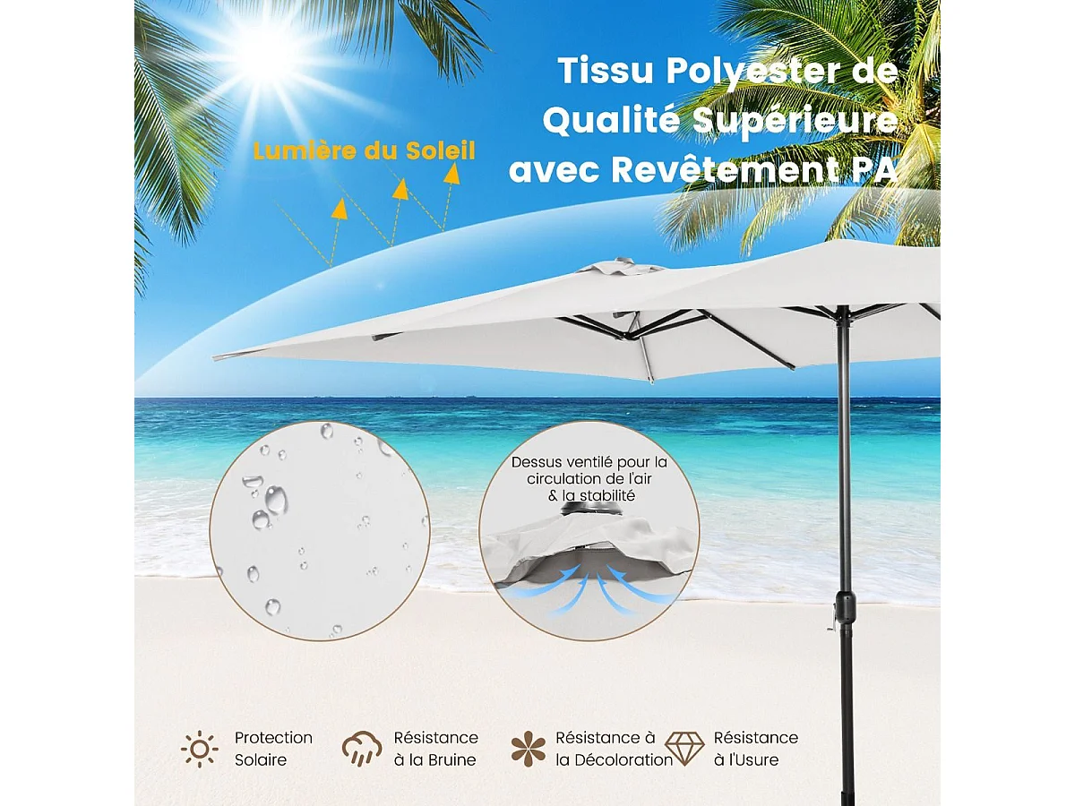 Parasol de Jardin Double XXL 426 x 265cm Poignée à Manivelle,Sommet Ventilé Polyester Structure Métallique à 10 Côtes (Beige)