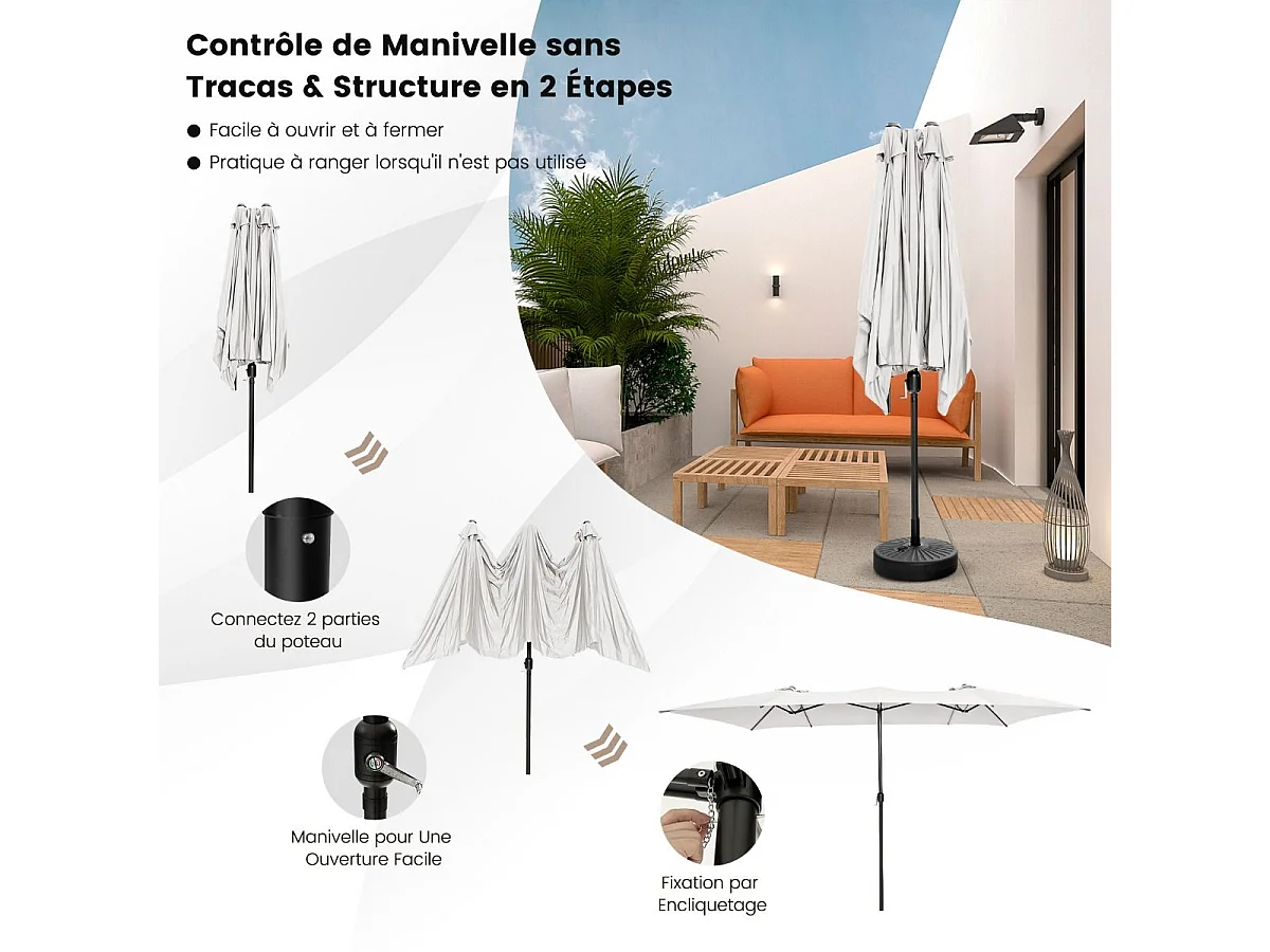 Parasol de Jardin Double XXL 426 x 265cm Poignée à Manivelle,Sommet Ventilé Polyester Structure Métallique à 10 Côtes (Beige)