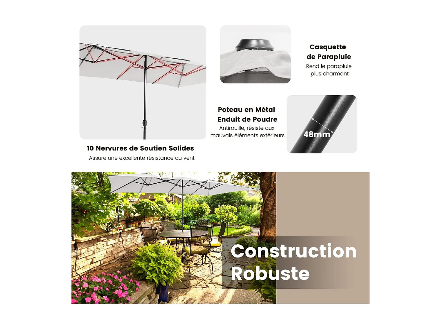 Parasol de Jardin Double XXL 426 x 265cm Poignée à Manivelle,Sommet Ventilé Polyester Structure Métallique à 10 Côtes （Beige)