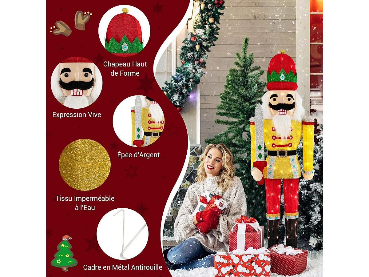 Verlichte Notenkraker Soldaat 166cm, met metalen voet 100 warme LED-lampjes
