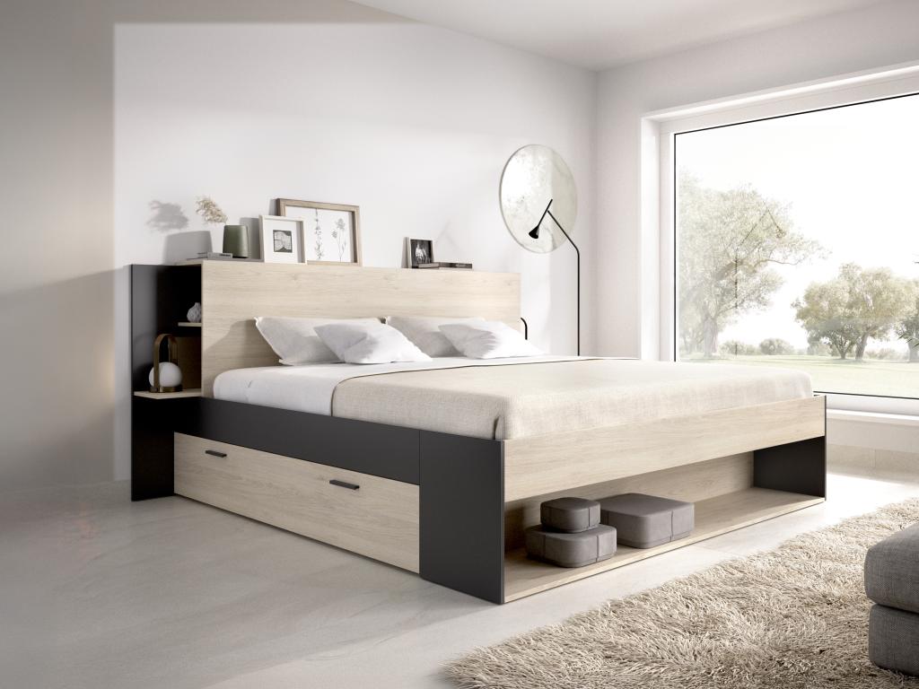 Bett mit Stauraum + Lattenrost - 140 x 190 cm - Holzfarben & Schwarz - KERO günstig online kaufen