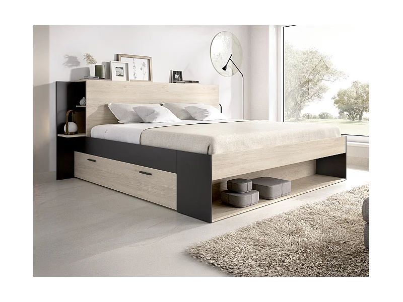Letto 140 x 190 cm Con vani portaoggetti Naturale e Nero + Rete  - KEROSIA