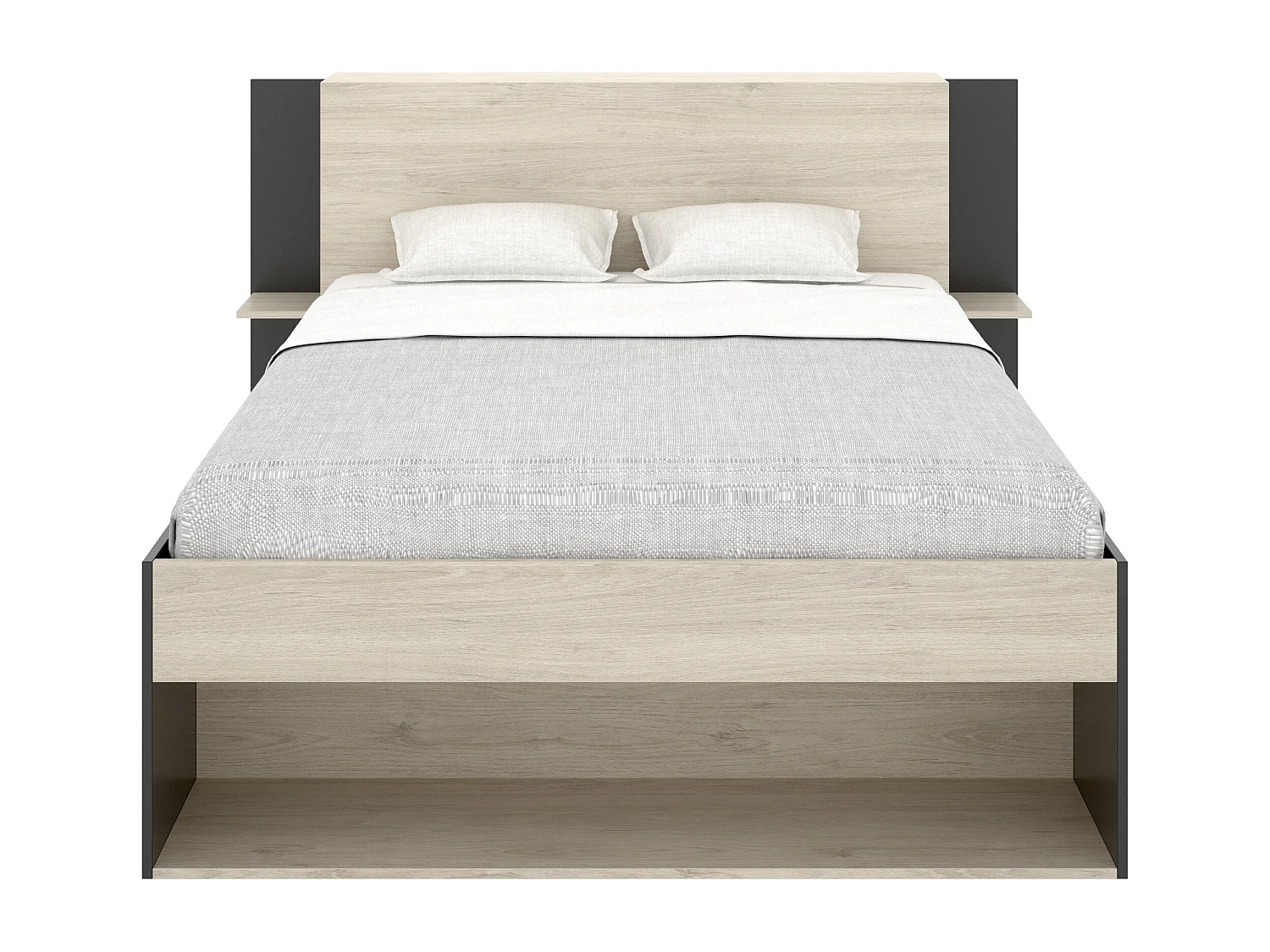 Lit 140 x 190 cm avec rangements - Coloris : Naturel et noir + Sommier - KEROSIA
