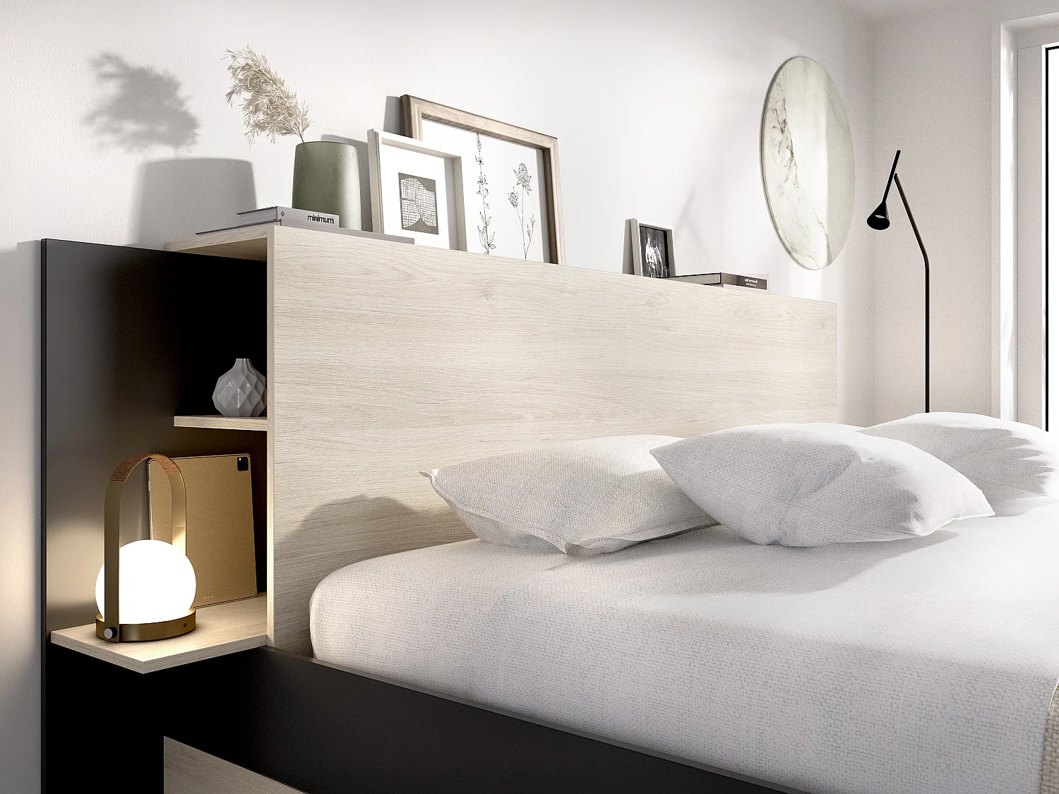 Lit 140 x 190 cm avec rangements - Coloris : Naturel et noir + Sommier - KEROSIA