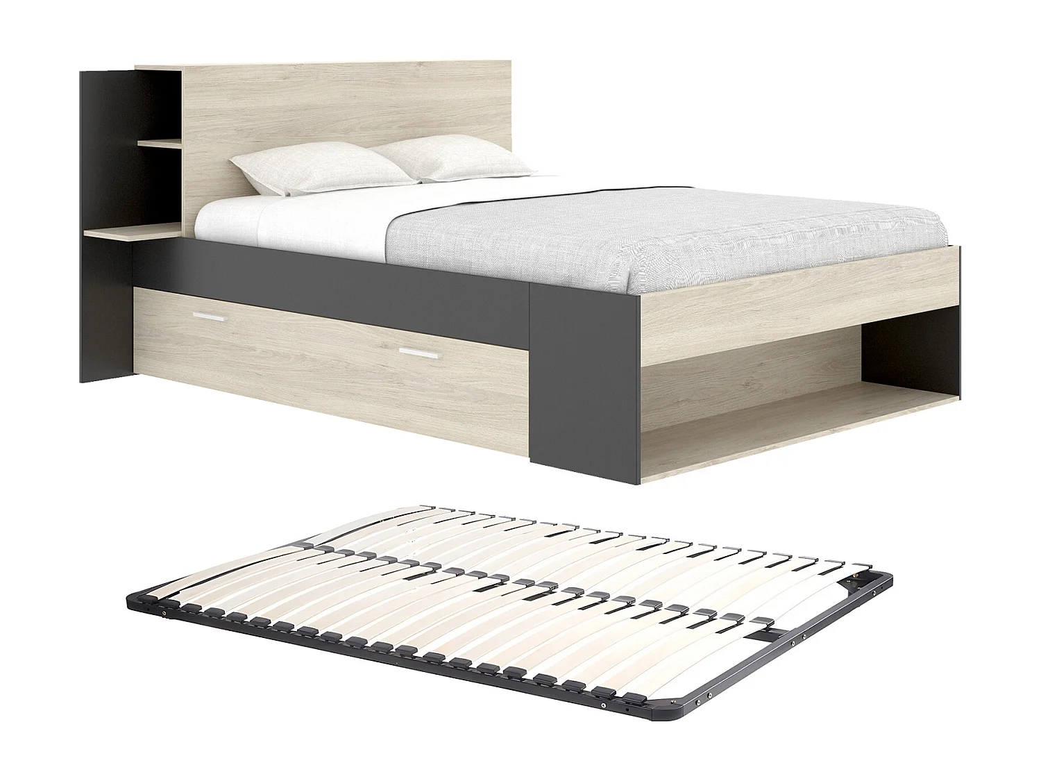 Lit 140 x 190 cm avec rangements - Coloris : Naturel et noir + Sommier - KEROSIA