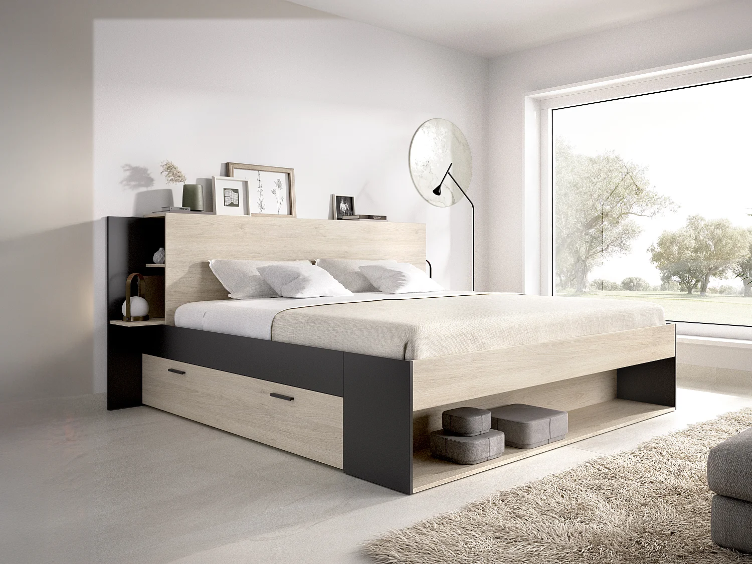 Lit 140 x 190 cm avec rangements - Coloris : Naturel et noir + Sommier + Matelas - KEROSIA