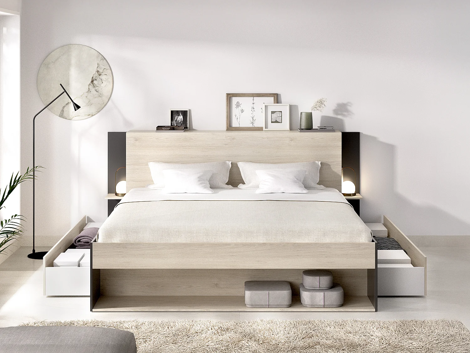 Lit 140 x 190 cm avec rangements - Coloris : Naturel et noir + Sommier + Matelas - KEROSIA