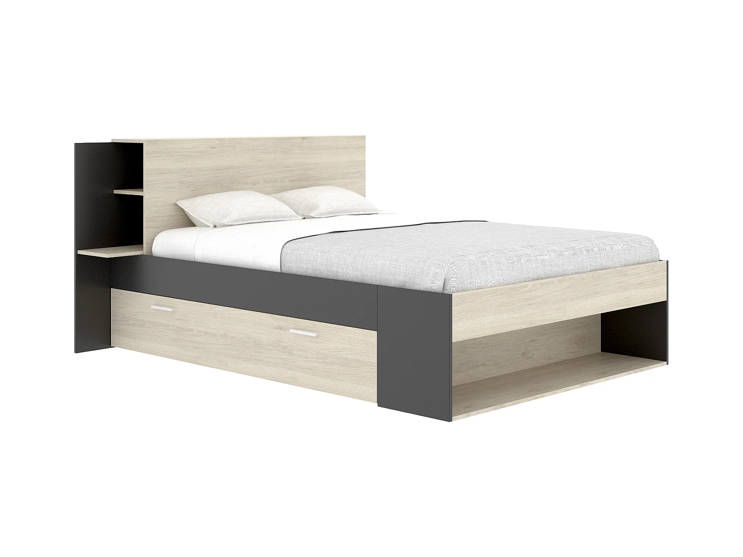 Lit 140 x 190 cm avec rangements - Coloris : Naturel et noir + Sommier + Matelas - KEROSIA