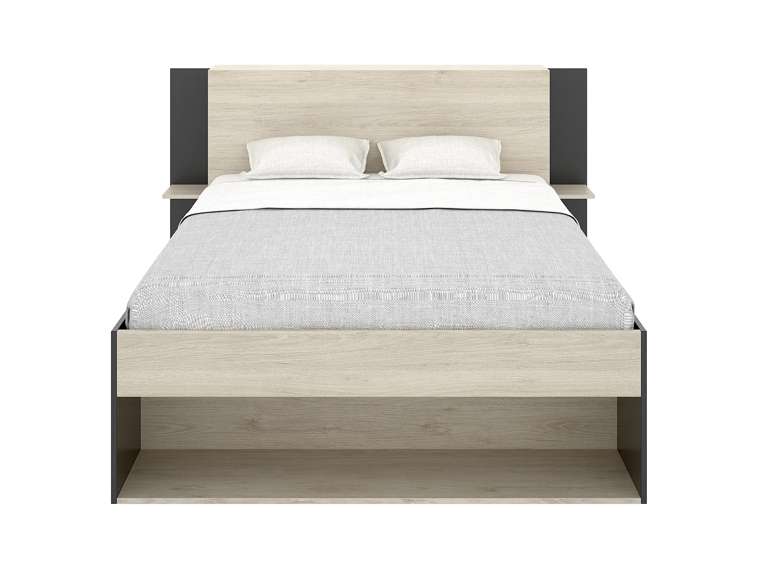 Lit 140 x 190 cm avec rangements - Coloris : Naturel et noir + Sommier + Matelas - KEROSIA
