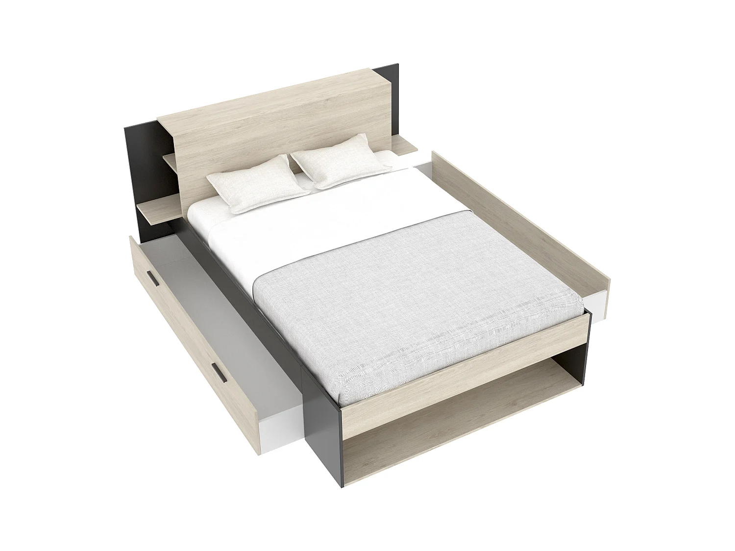 Lit 140 x 190 cm avec rangements - Coloris : Naturel et noir + Sommier + Matelas - KEROSIA