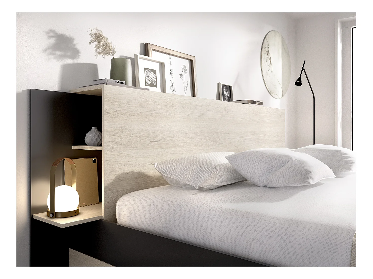 Lit 140 x 190 cm avec rangements - Coloris : Naturel et noir + Sommier + Matelas - KEROSIA