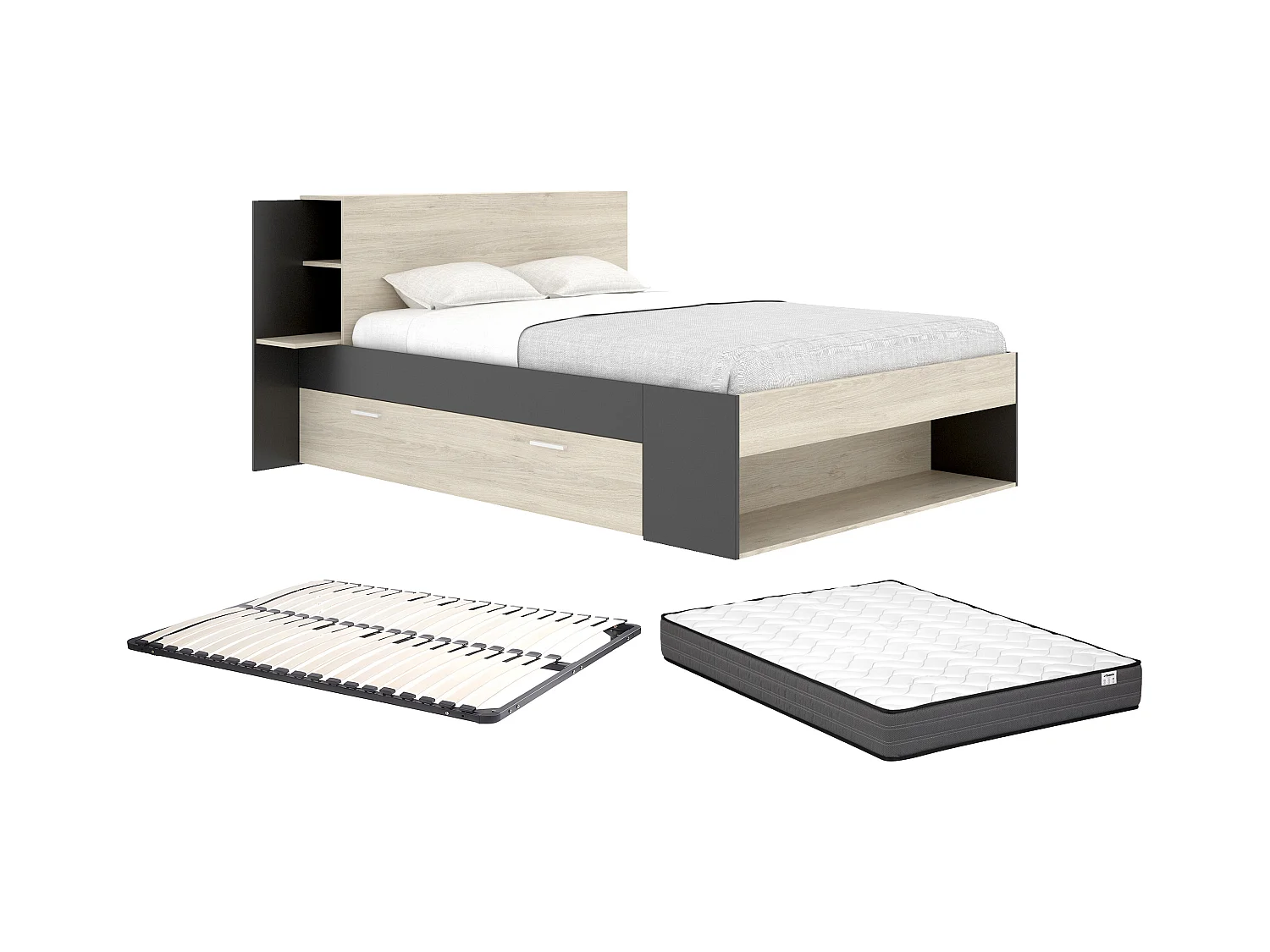 Lit 140 x 190 cm avec rangements - Coloris : Naturel et noir + Sommier + Matelas - KEROSIA