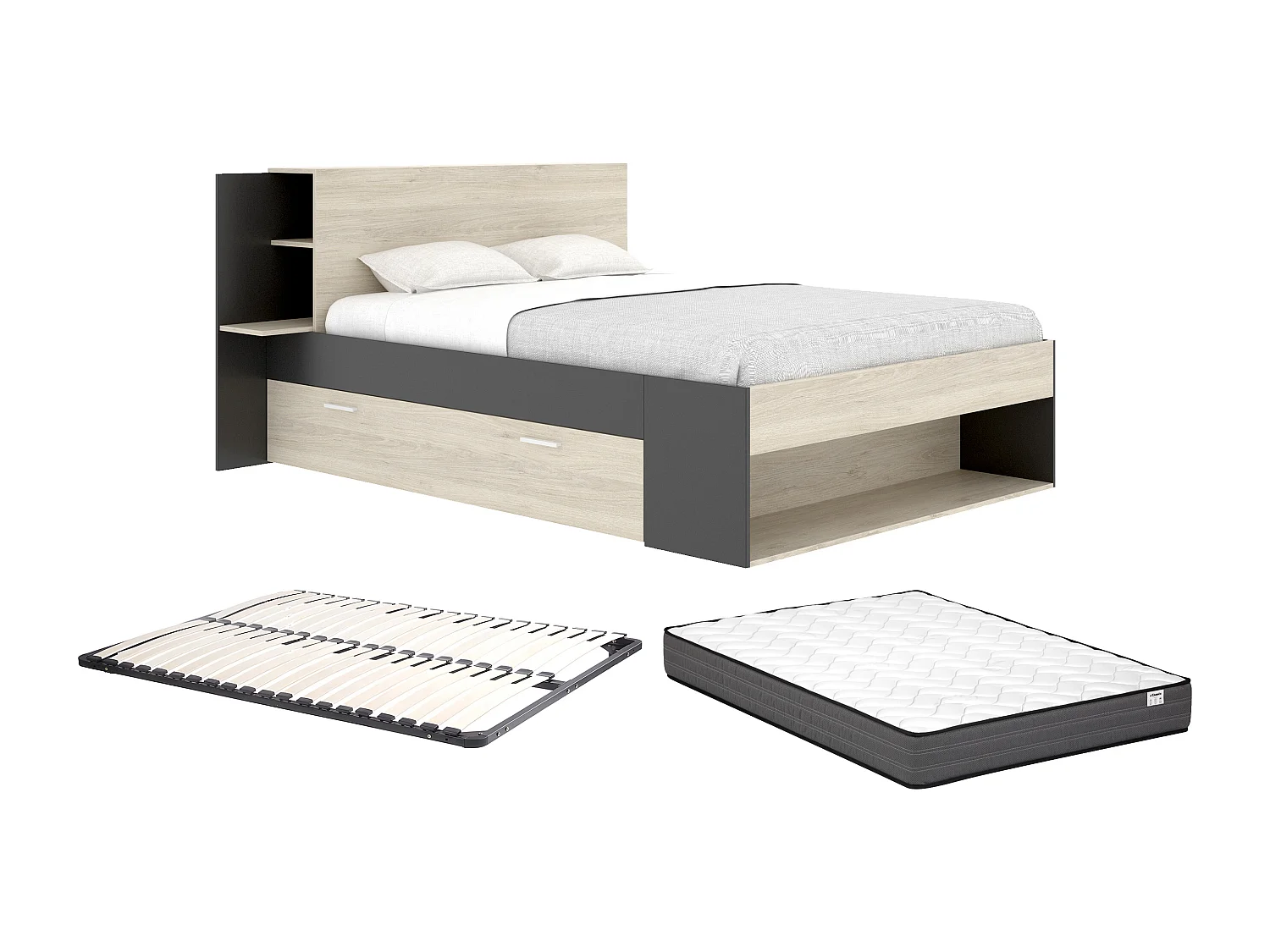 Lit 140 x 190 cm avec rangements - Coloris : Naturel et noir + Sommier + Matelas - KEROSIA