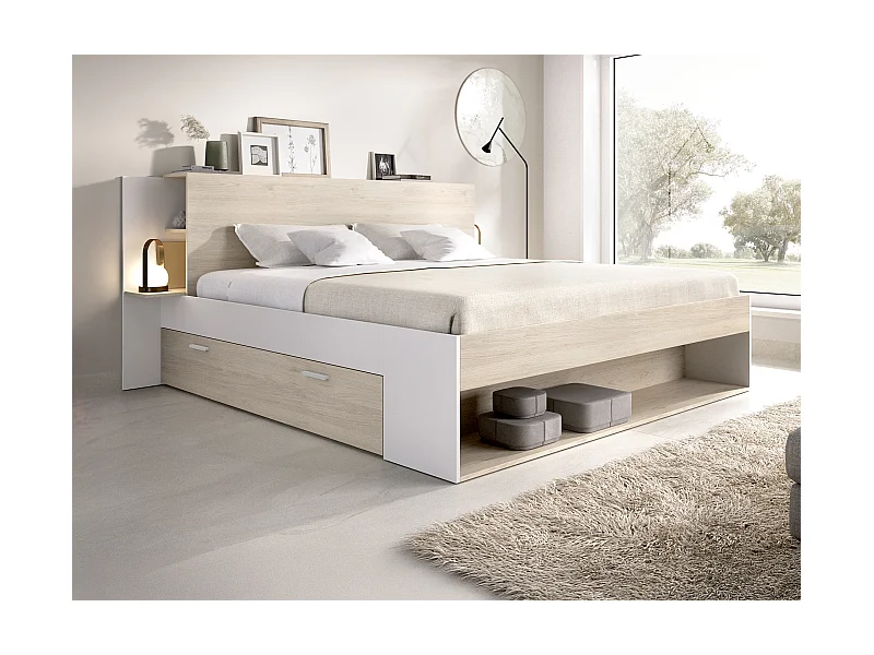 Bett mit Stauraum + Lattenrost - 140 x 190 cm - Holzfarben & Weiß - KEROSIA