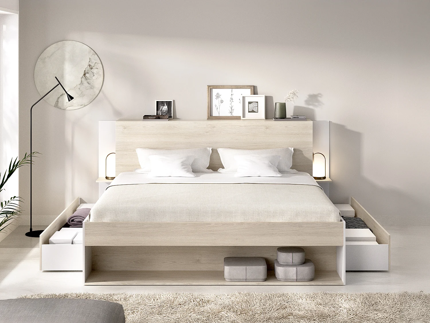 Bett mit Stauraum + Lattenrost - 140 x 190 cm - Holzfarben & Weiß - KEROSIA