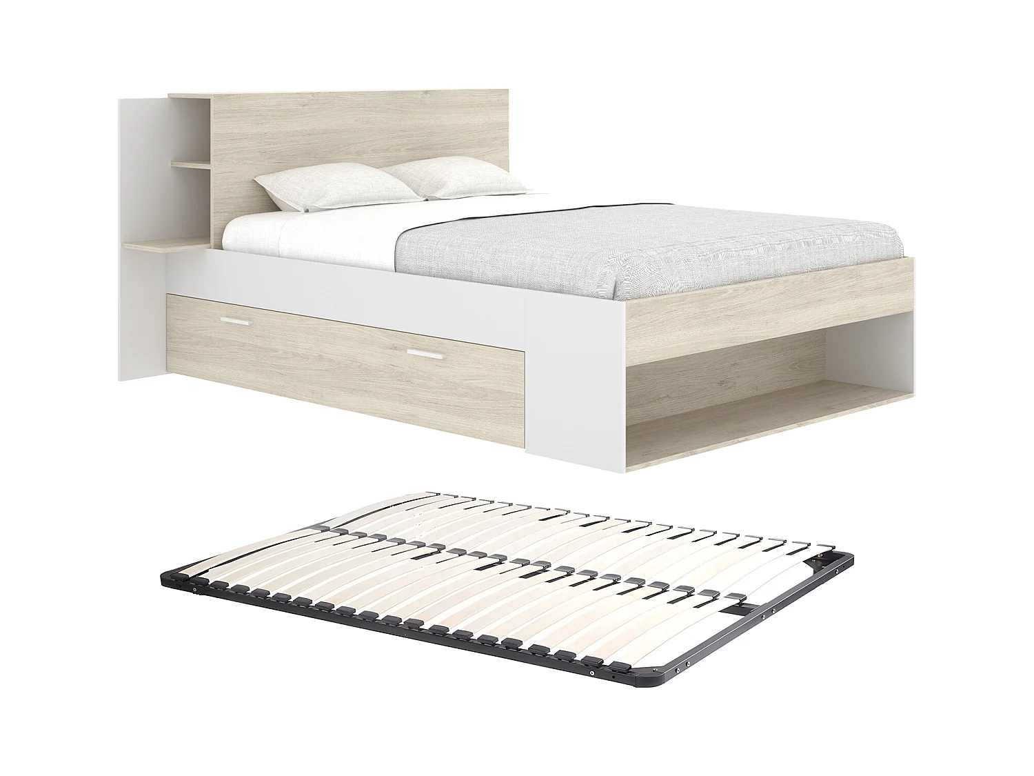 Bett mit Stauraum + Lattenrost - 140 x 190 cm - Holzfarben & Weiß - KEROSIA