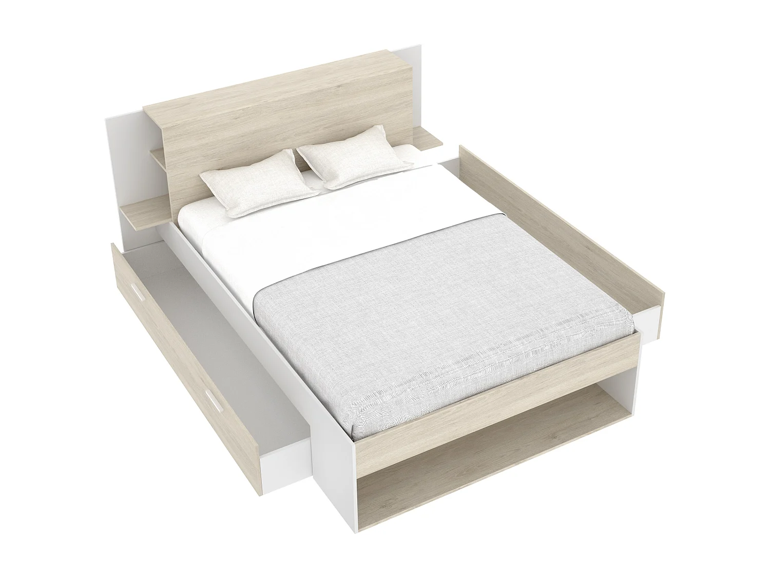 Lit 140 x 190 cm avec rangements - Coloris : Naturel et blanc + Sommier - KEROSIA
