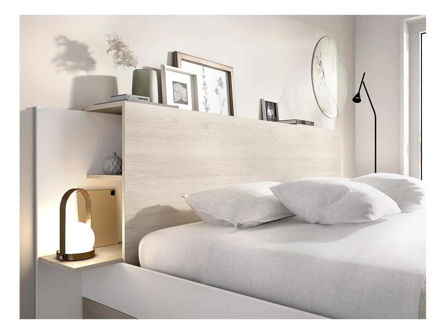 Letto 140 x 190 cm Con vani portaoggetti Naturale e Bianco + Rete a doghe + Materasso  - KEROSIA