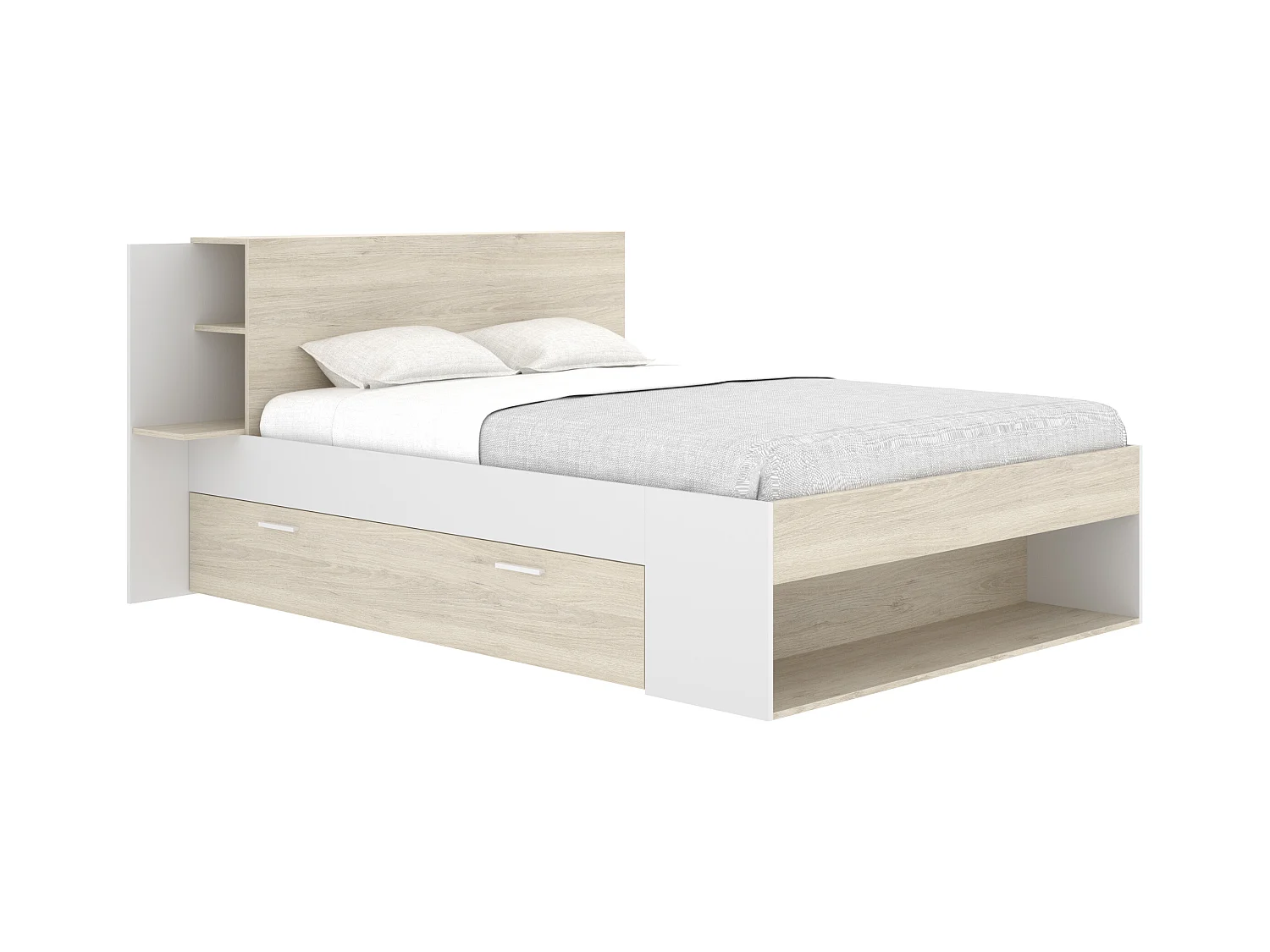 Bett mit Stauraum + Lattenrost + Matratze - 140 x 190 cm - Holzfarben & Weiß - KEROSIA