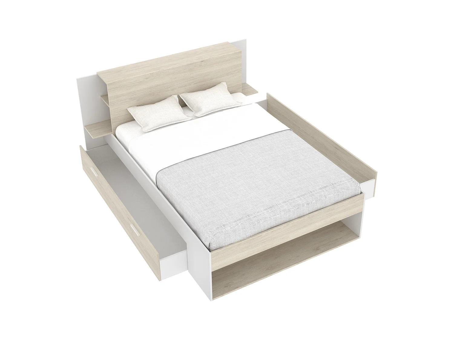 Bett mit Stauraum + Lattenrost + Matratze - 140 x 190 cm - Holzfarben & Weiß - KEROSIA