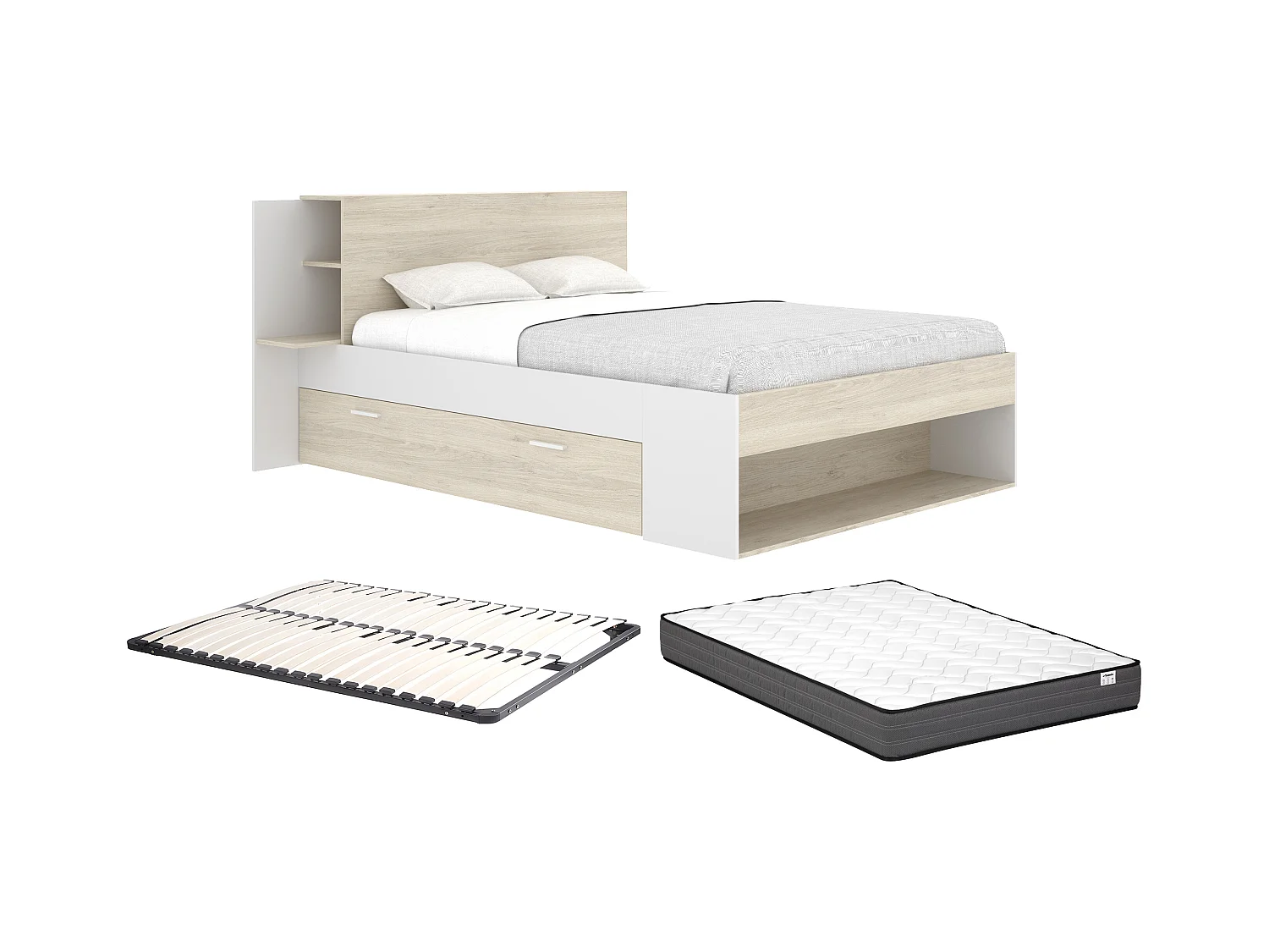 Bett mit Stauraum + Lattenrost + Matratze - 140 x 190 cm - Holzfarben & Weiß - KEROSIA