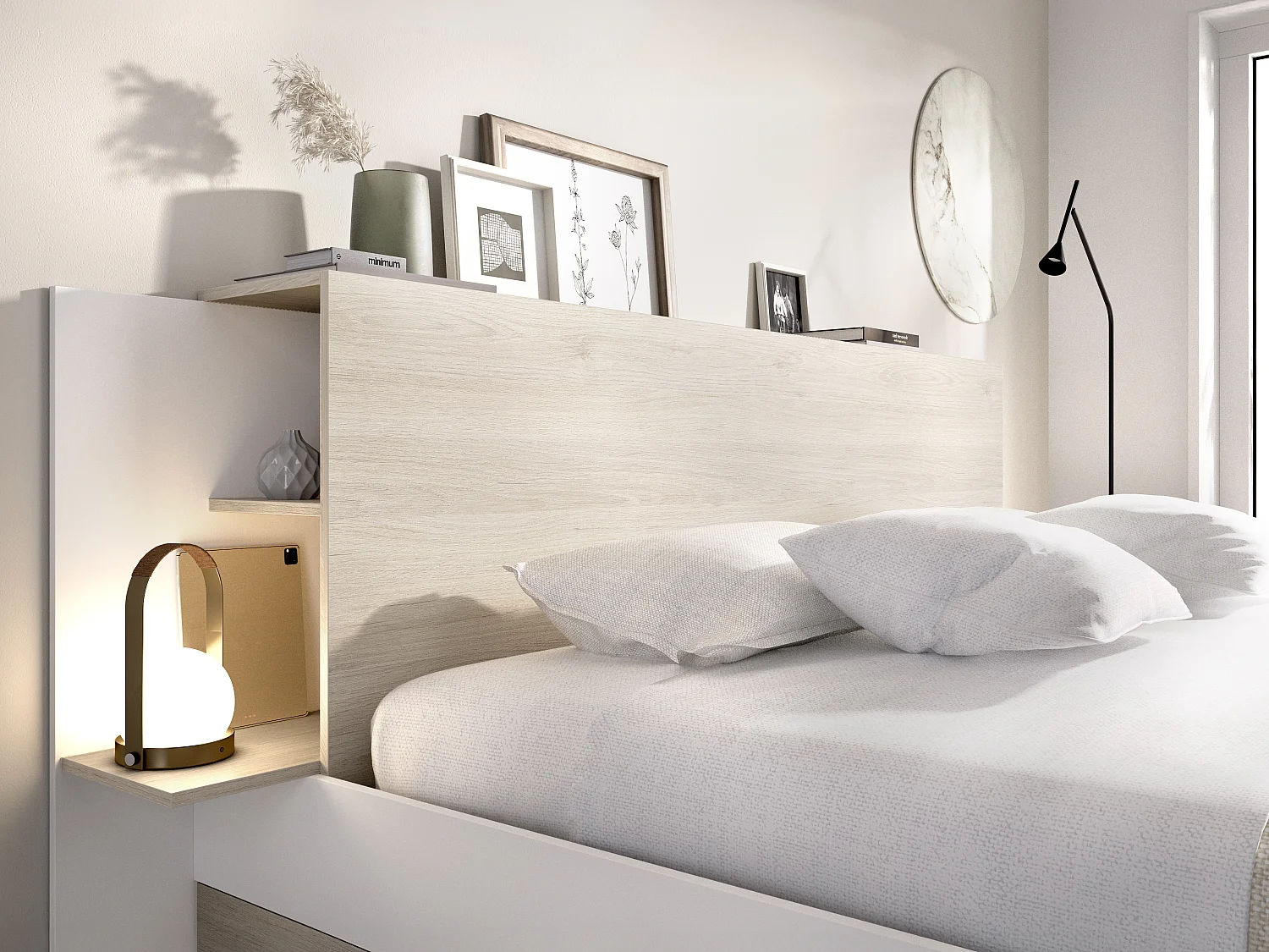 Lit 140 x 190 cm avec rangements - Coloris : Naturel et blanc + Sommier + Matelas - KEROSIA