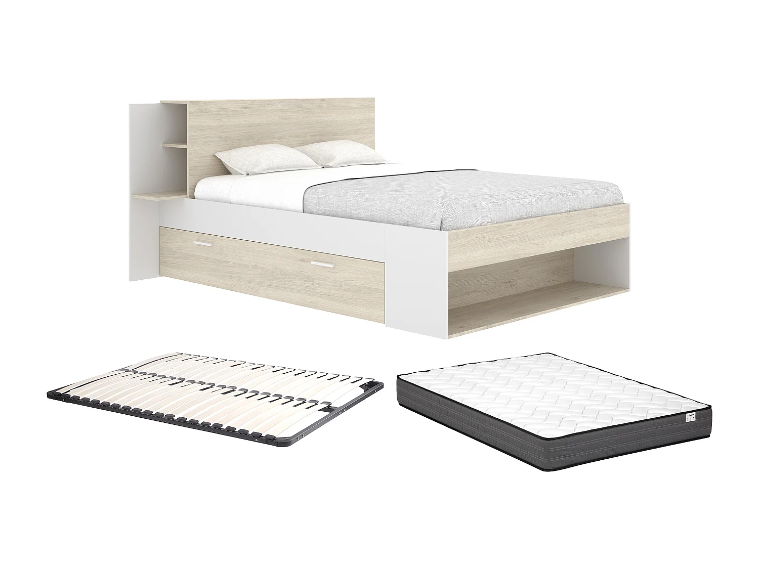 Lit 140 x 190 cm avec rangements - Coloris : Naturel et blanc + Sommier + Matelas - KEROSIA