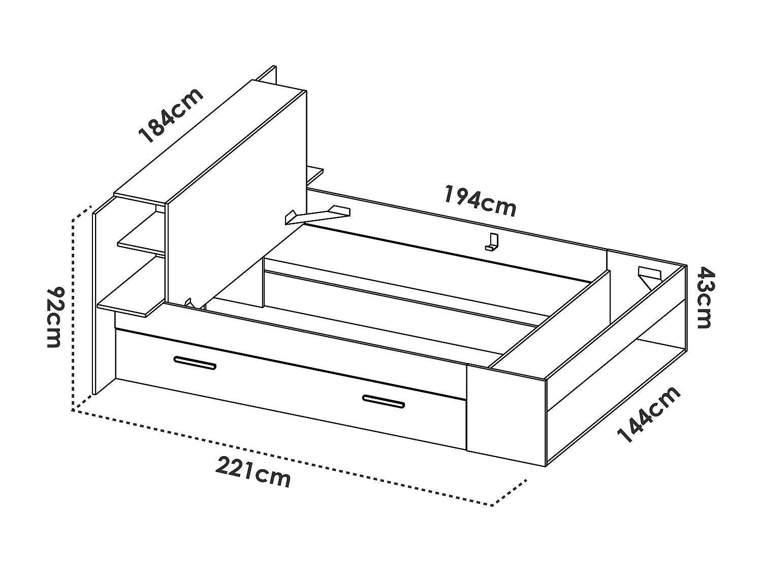 Lit 140 x 190 cm avec rangements - Coloris : Naturel et blanc + Sommier + Matelas - KEROSIA