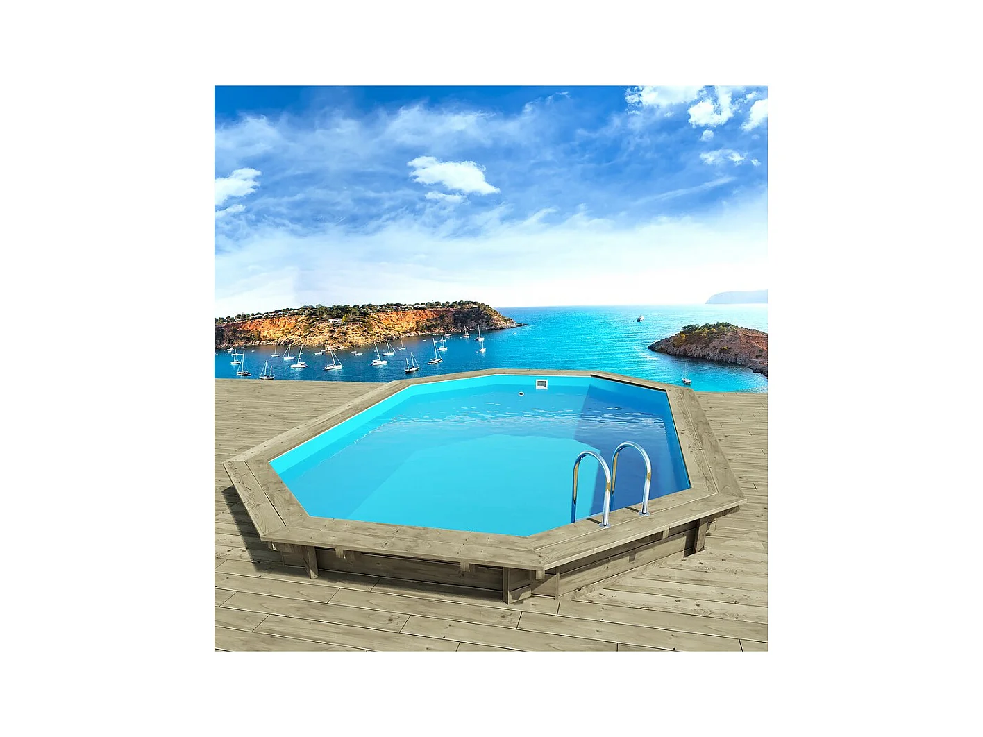 Piscina de madera "Miami 145" - 4,86 x 3,36 x 1,45 m + Mini bomba de calor 3,5kW - Metal - Gris