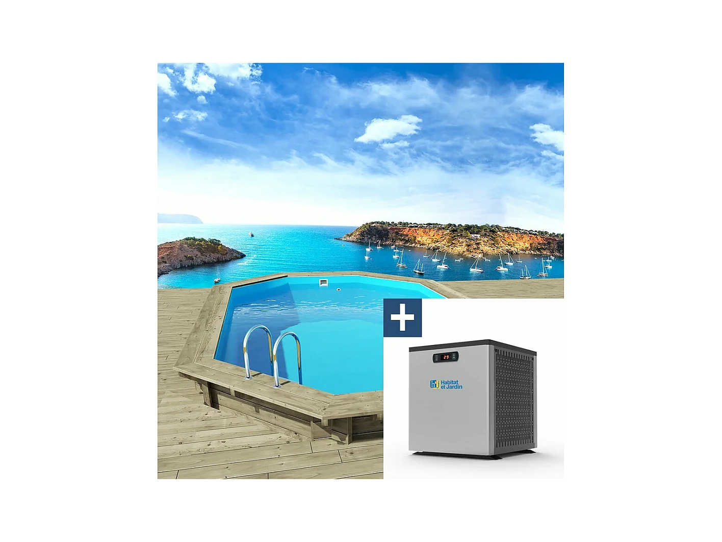 Piscine bois " Miami 145  " - 4.86 x 3.36 x 1.45 m + Mini pompe à chaleur 3.5kW - Métal - Gris