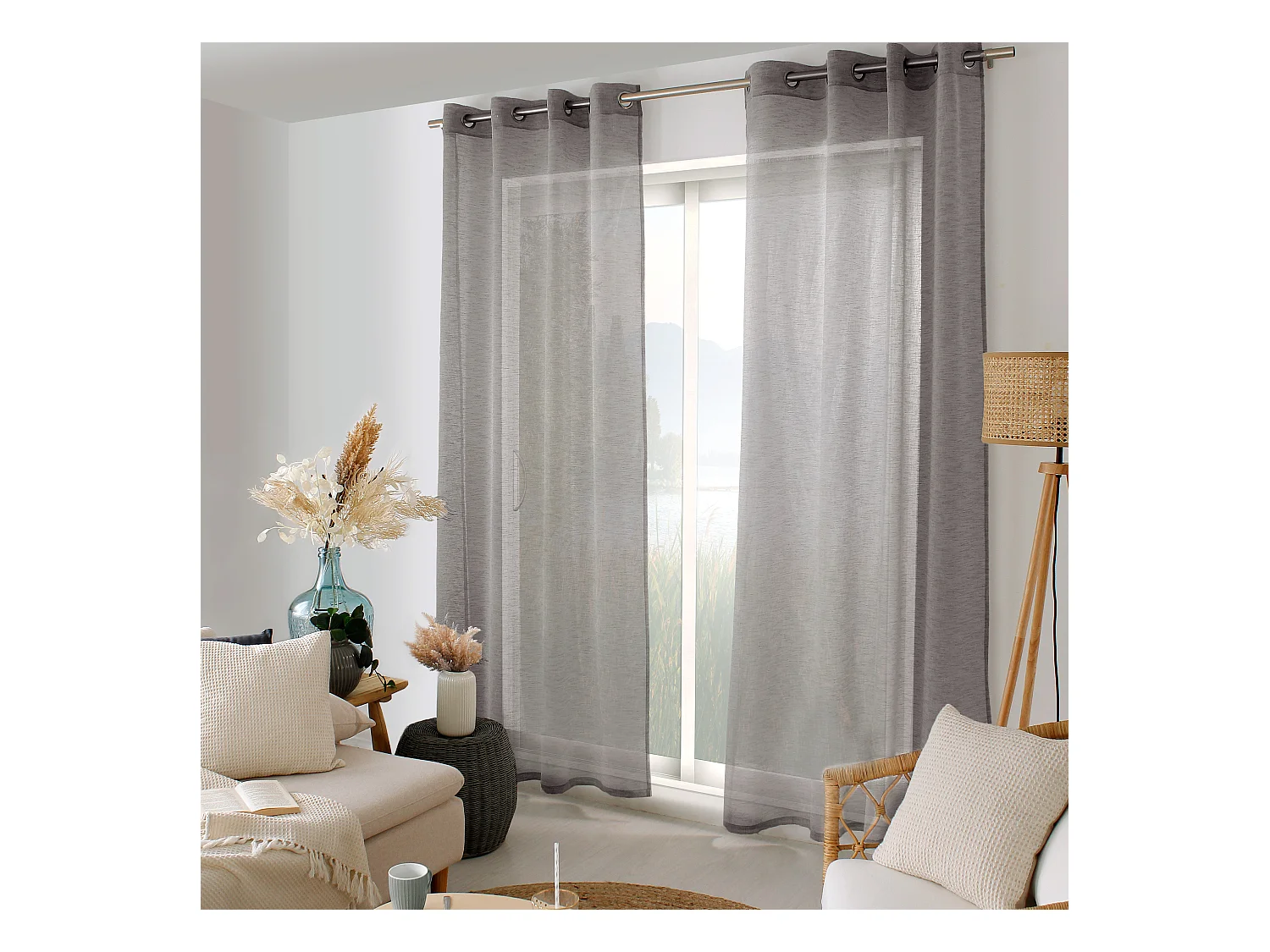 Lot de 2 voilages à œillets, 140x240cm, noir, effet lin, collection Maya